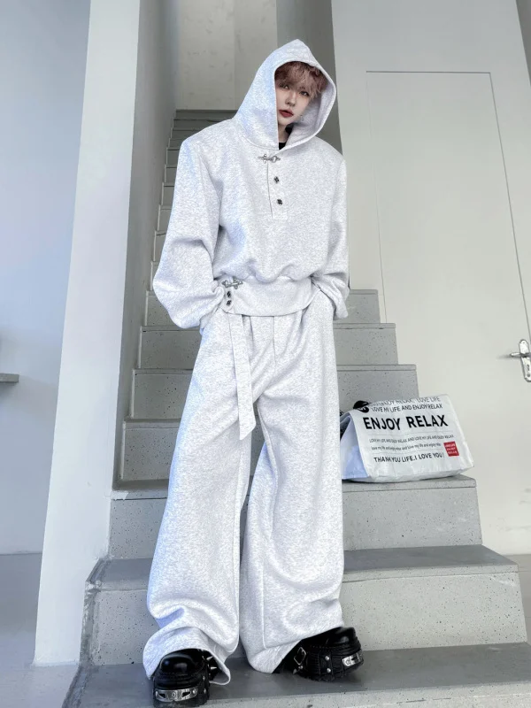 

Spring 2026 Men's Casual Hoodie Sweatirt Metal Bule Wide Leg Pants Two Piece Set Long Sve Leisure Faion Ensemble