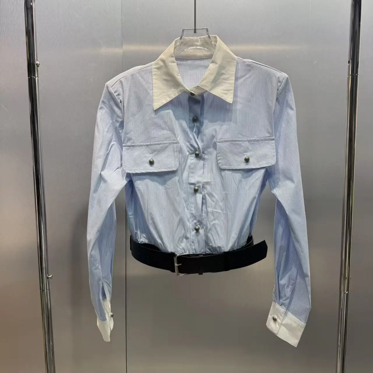 

Summer 2026 New Style Preppy Striped Long Sleeve Shirt with Collar Belt Short Length Commute Fashion Women's Cotton Polyester...