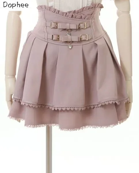 

Dophee Japan Styles Landmine Series Double Bow Buckle Leather Button High Waist Skirts Lolita A-line Pink Pleated Shorts Skirt