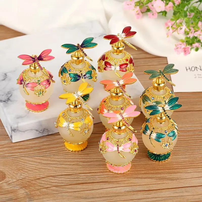 

10pc 25ml Vintage Perfume Bottle Frosted Glass Spherical Essential Oils Bottles Dragonfly Stopper Head Cosmetic Accessories Vial