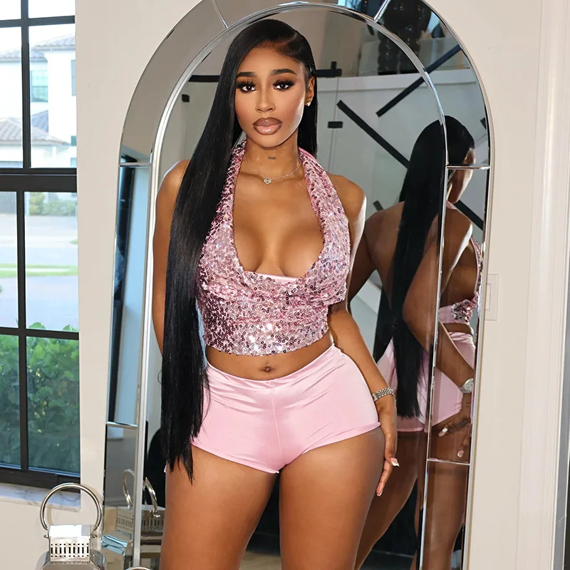

STYLISH LADY, блестящий сексуальный комплект из 2 предметов с блестками, женский укороченный топ с открытой спиной и шорты, костюмы 2025, летние клубные наряды для вечеринок