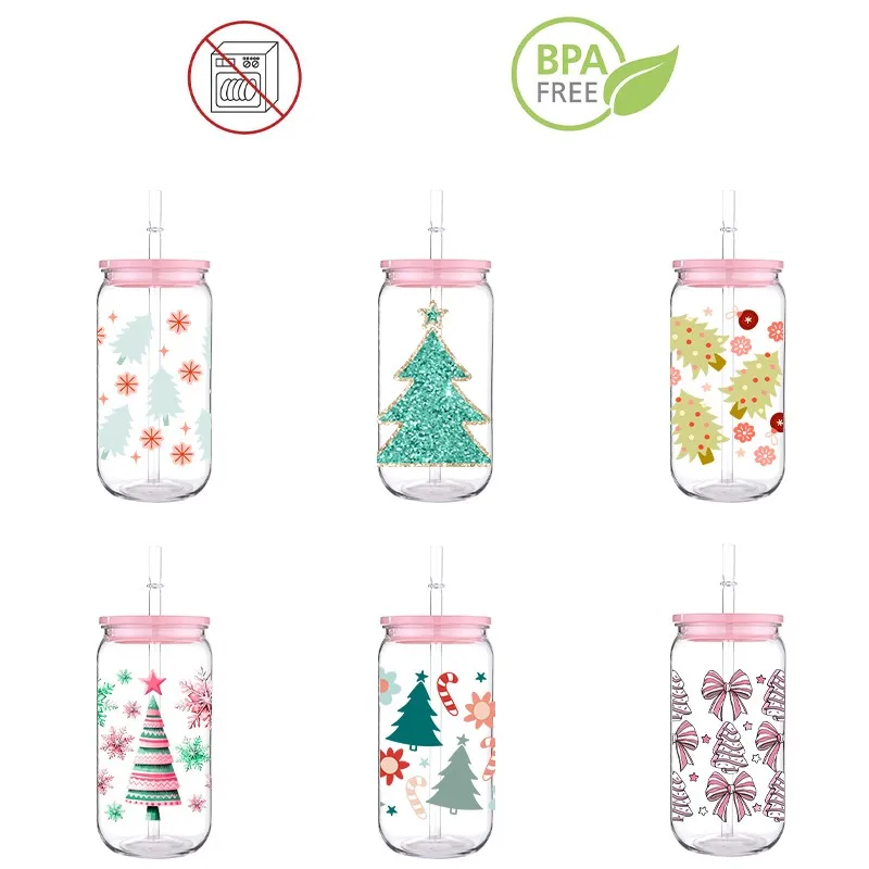 Christmas Tree 3D DIY Custom Printed Transfer PET Plastic 16 OZ Straw Cup Comes With Straw And Cup Lid Santa Claus Colorful