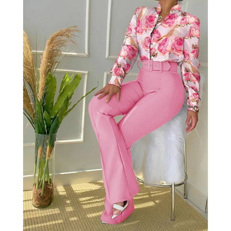 Set da due pezzi da donna Y2K camicia a maniche lunghe pantaloni Set da donna 2024 Office Lady elegante chic pantaloni con stampa floreale con cintura