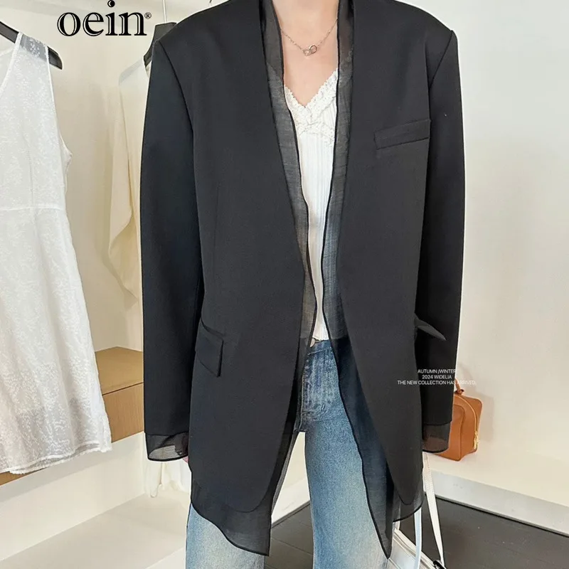 [oein] 2024 Autumn Blazer Spring New Korean Style Jacket Niche Design V-neck Organza Patchwork Suit