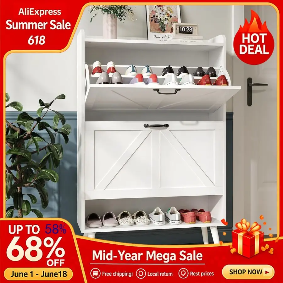

Shoe Cabinet with 2 Flip Drawers, Freestanding Shoe Storage Cabinet for Entryway, Farmhouse Shoe Organizer Cabinets with Wood L
