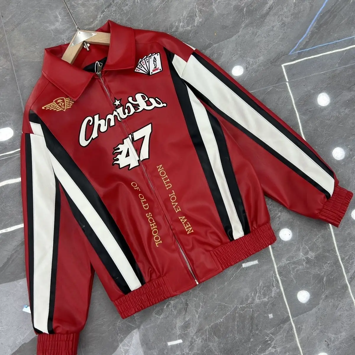 سترات جلدية أمريكية كلاسيكية مرقعة مطرزة بنمط علوي سترة شتوية عصرية كورية عالية الشارع بياقة بيسبول للرجال #2