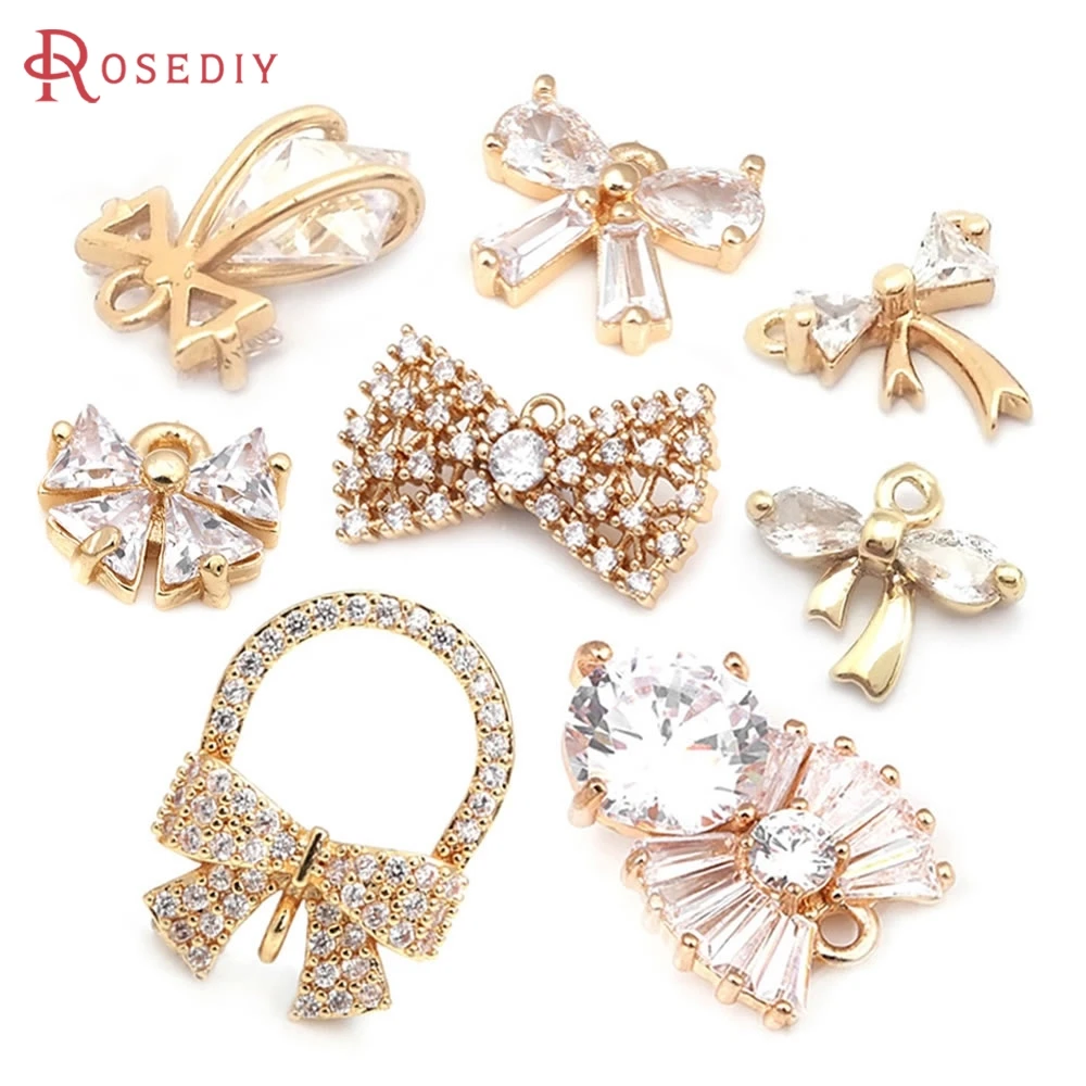 

18K Gold Color Brass and Zircon Bow-knot Charms Pendants High Quality Necklace Earrings Diy Accessories