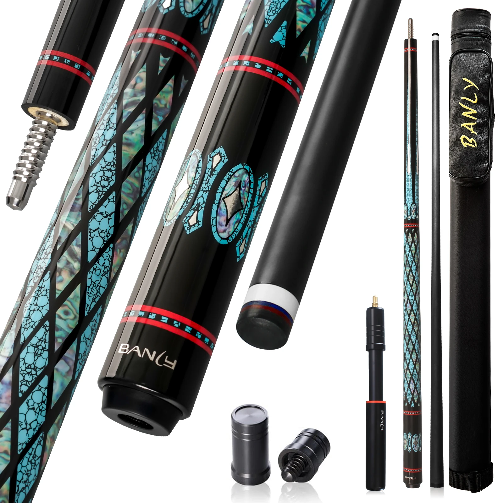 BANLY Neptune Series - Premium Carbon Fiber Shaft, Black Multi-layer Tip, Pro Taper Design. 3/8-8 Joint, Wrapless. Low Deflection Pool Cue