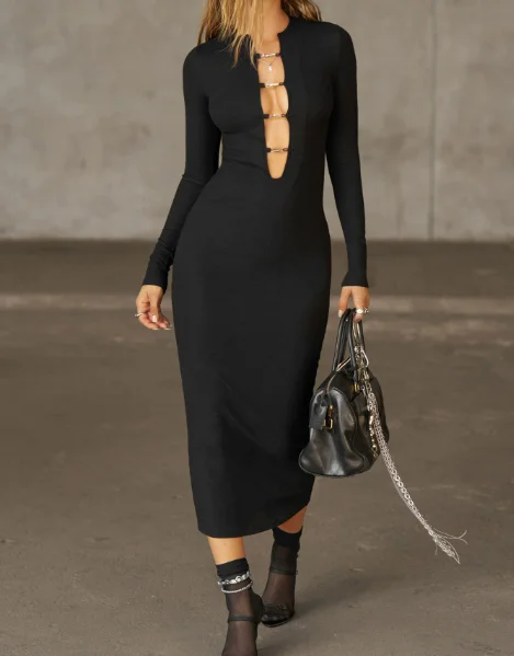 

Spring and Summer New Personalized Trendy Sexy Style Hollow Buckle Deep V-Neck Solid Color Simple Tight Knit Hip Hugging Dress