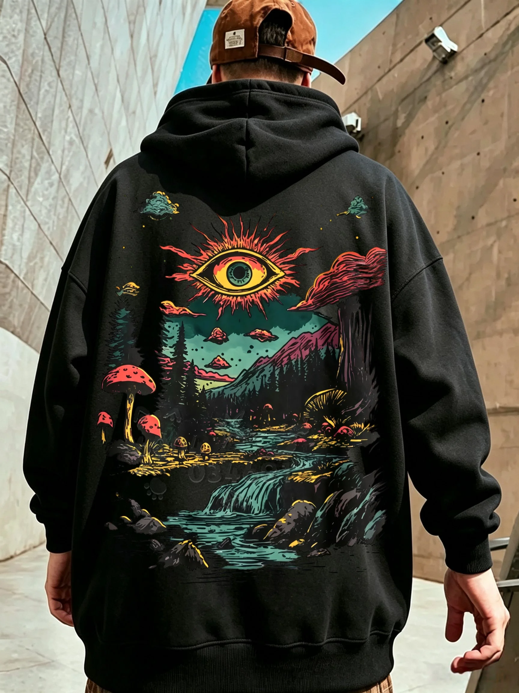 Y2K New Retro Psychedelic Hoodie All Seeing Eye Forest Waterfall Mushroom Back Print Streetwear Pullover For Men