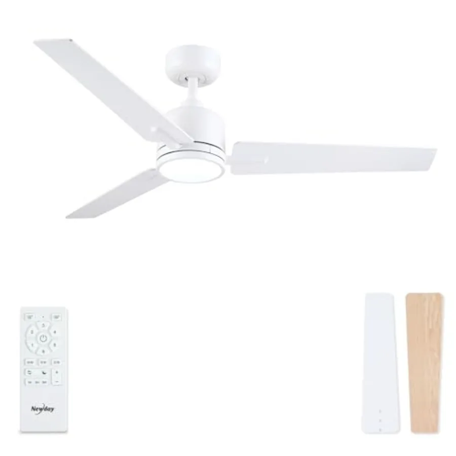52 Inch White Ceiling Fan with Lights and Remote for Nursery Bedroom Patio, Modern DC Motor, 3 Reversible White/Natural Wood Bl
