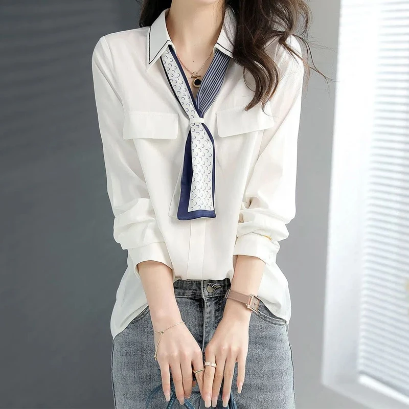 Spring New Office Lady Simplicity V Neck Blouse Long Sleeve Polo Neck Solid Color Loose Shirt Tops Elegant Fashion Women Clothes