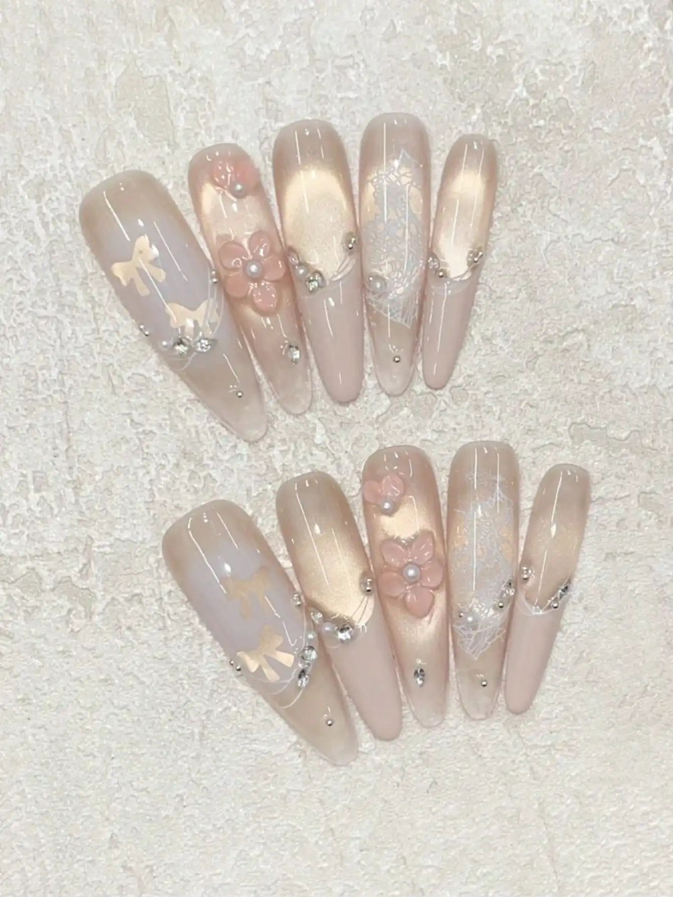 

10Pcs Long Pointed Press On Nails, Cherry Blossom Pink French Style 3D Flower Handmade False Nails for Date Party Gift