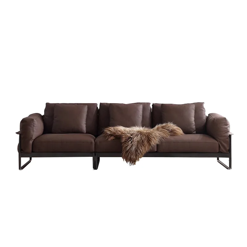 

Retro industrial leather sofa first layer cowhide living room Italian minimalist straight row leather sofa designer