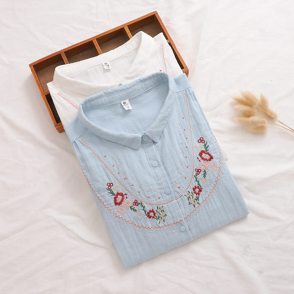 100% Cotton Yarn Blouses Women Summer Japan Fashion Boho Design 3/4 Sleeves Blue White Embroidery Shirts Top Female