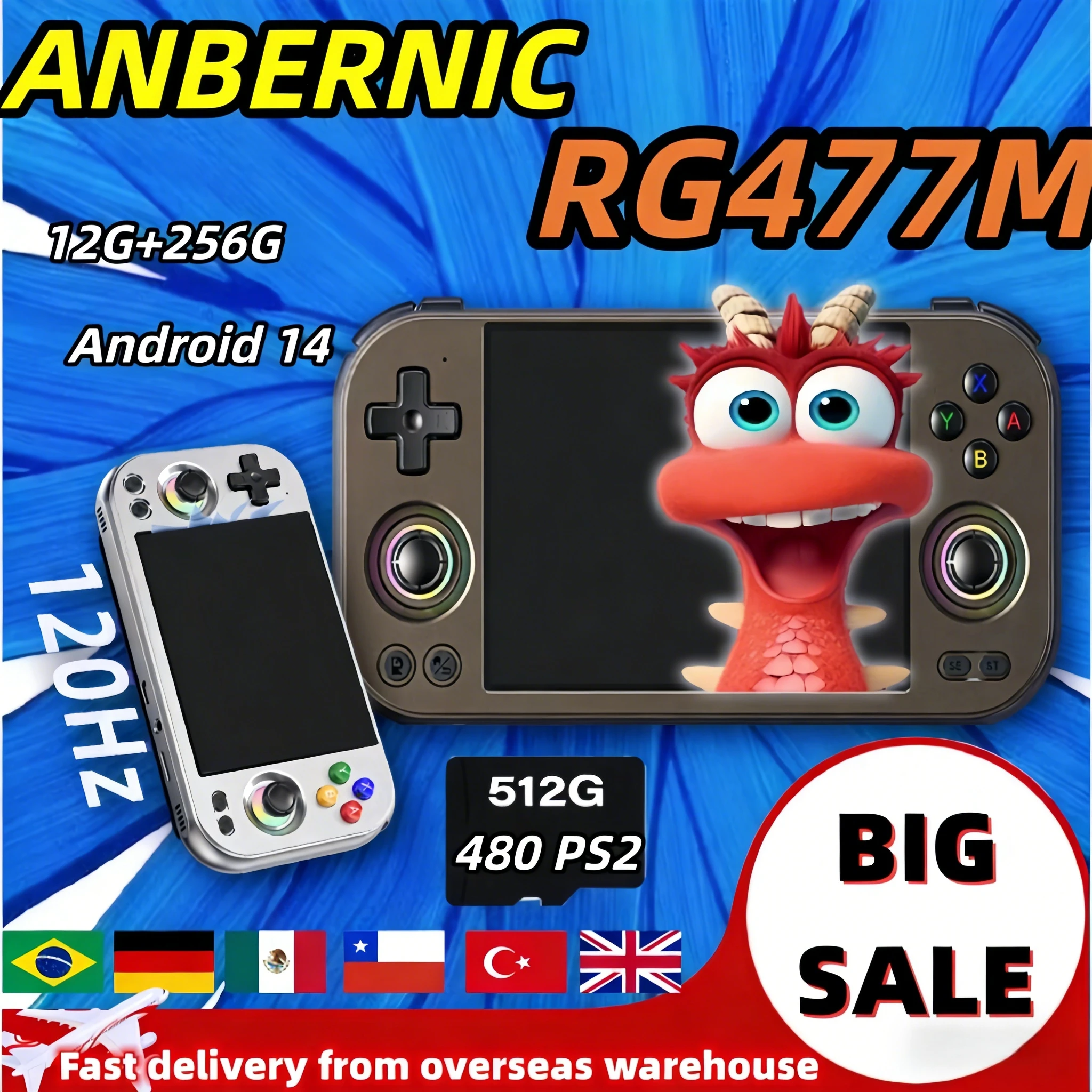 ANBERNIC RG 477M Retro Video Game Console Android 14 RG477M Al Aluminum 12G+256G 4.7 Inch LTPS In-Cell Touch Screen PSP PS2 Gift