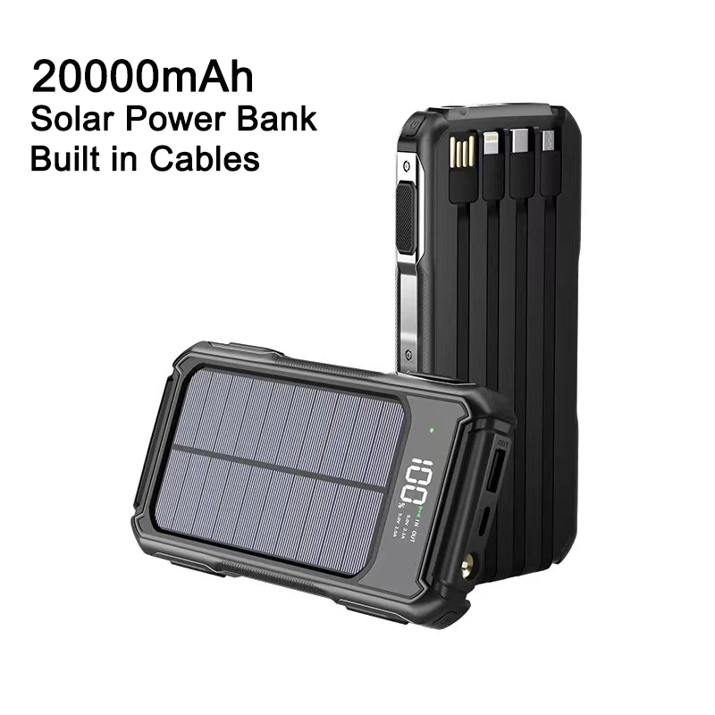 

Solar Power Bank 20000mAh Built in Cables Portable Powerbank with Digital Display for iPhone 15 Samsung Huawei Xiaomi Poverbank