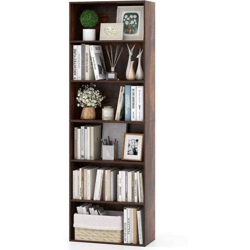 

6-Tier Bookcase, 70 Tall Wooden Bookshelf, Freestanding Storage Organizer w/Open Shelves, Anti-Tipping Kits, Modern Floo