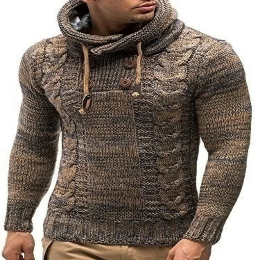 2024 suéter con capucha de punto a la moda para hombre, Jersey ajustado de manga larga con cuello alto liso, Tops, ropa de calle informal para otoño e invierno para hombre