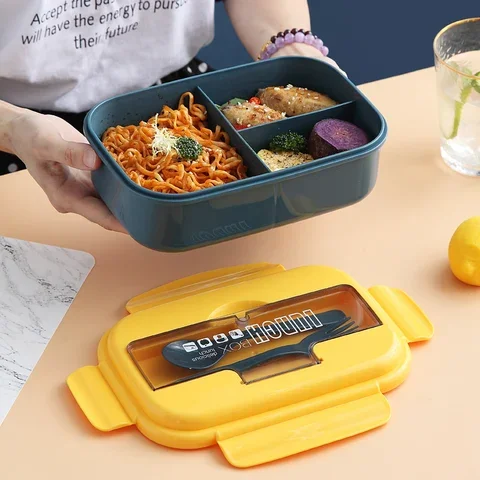 Student Lunch Box with Fork Spoon, Leak-Proof Food Container, Storage Wheat Straw Material, Breakfast Bento Box, Japanese Style