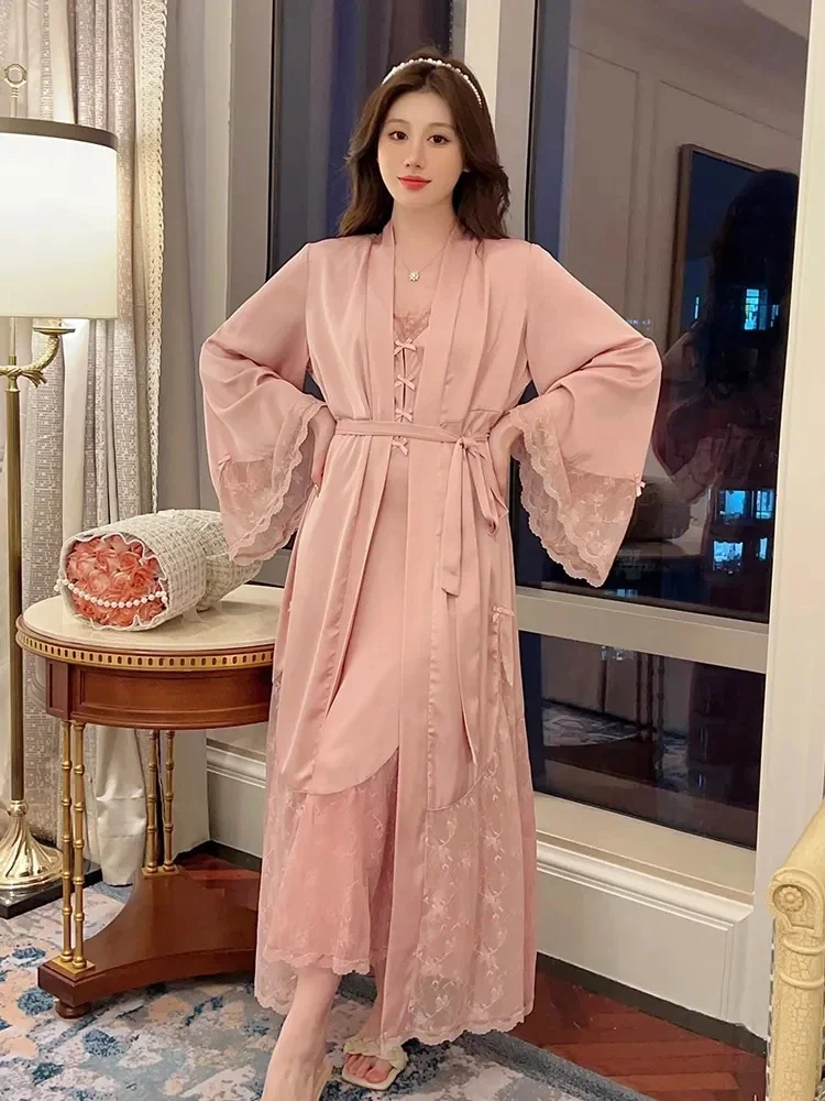 Sexy Women Twinset Robe Set Nightgown Lace Chemise Nightdress V-Neck Sleepwear Loungewear Summer Bathrobe Gown Suit Homewear