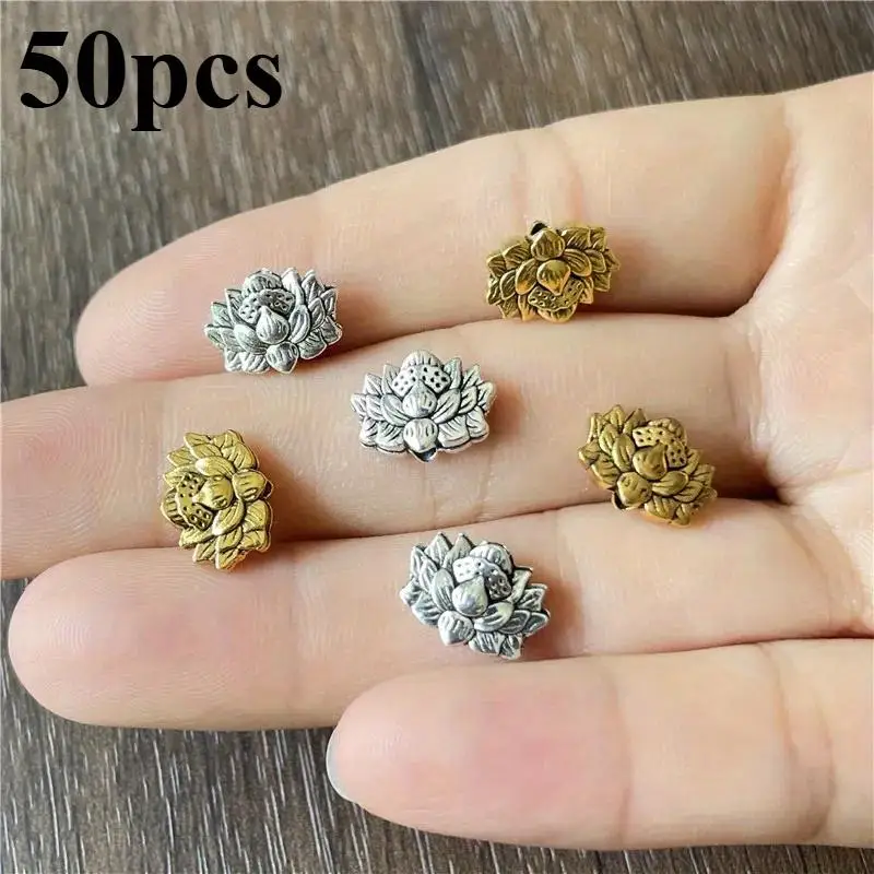50 Stück Lotus-Piercingperlen für die Schmuckherstellung, Zinklegierung, Blumen-Accessoires, Armband, Halskette, dekorative Perlen
