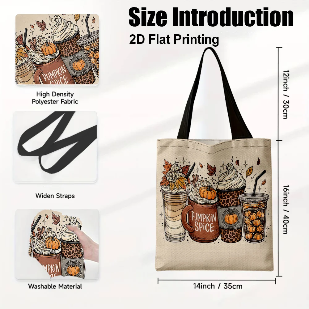 Autumn Pumpkin Spice Latte Canvas Tote Bag Vintage Fall Leaves Print Reusable Shoulder Shopping Bag Holiday Present For Women