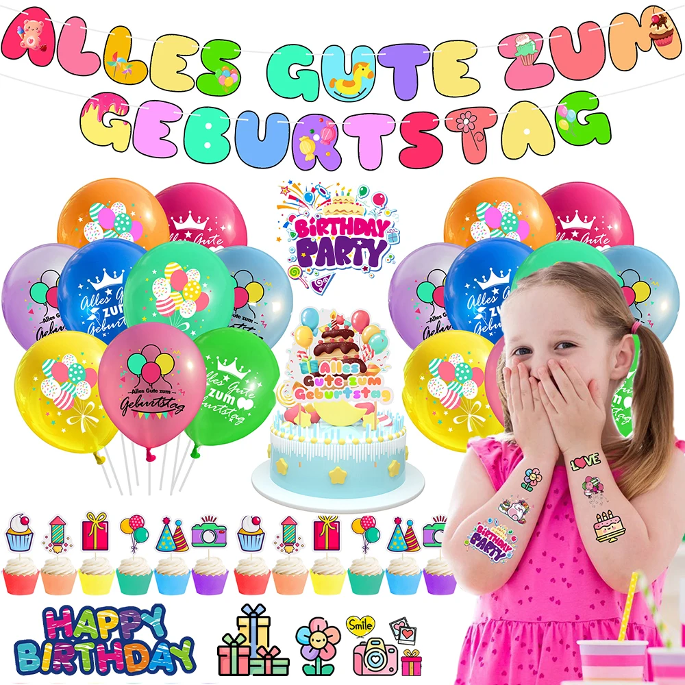 Kids Birthday Party Decoration Balloon German Happy Birthday Banner Tattoo Stickers Alles Gute Zum Geburtstag Party Dekorations