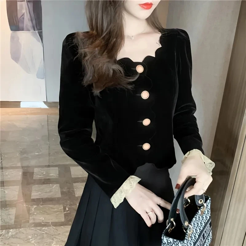 Vintage Korean Sexy Cropped Coat Women Fall Slim Black Velvet Thick Jacket Casual Office Lady Lace Long Sleeve O Neck Outwear