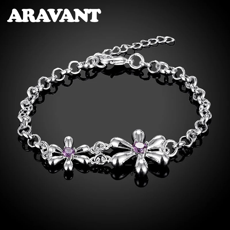 Aravant 925 Silver Amethyst Flowers Bracelets Chain For Women Wedding Jewelry