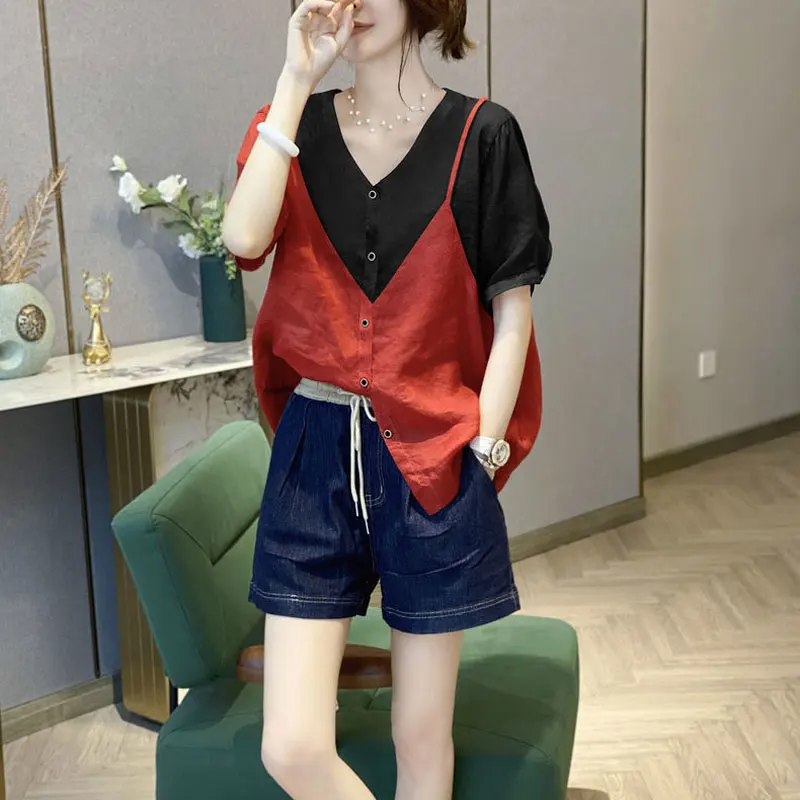 Fake Two Pieces Patchwork Shirt Contrasting Colors Casual V-Neck Single-breasted Female Clothing 2024 Summer Short Sleeve Blouse