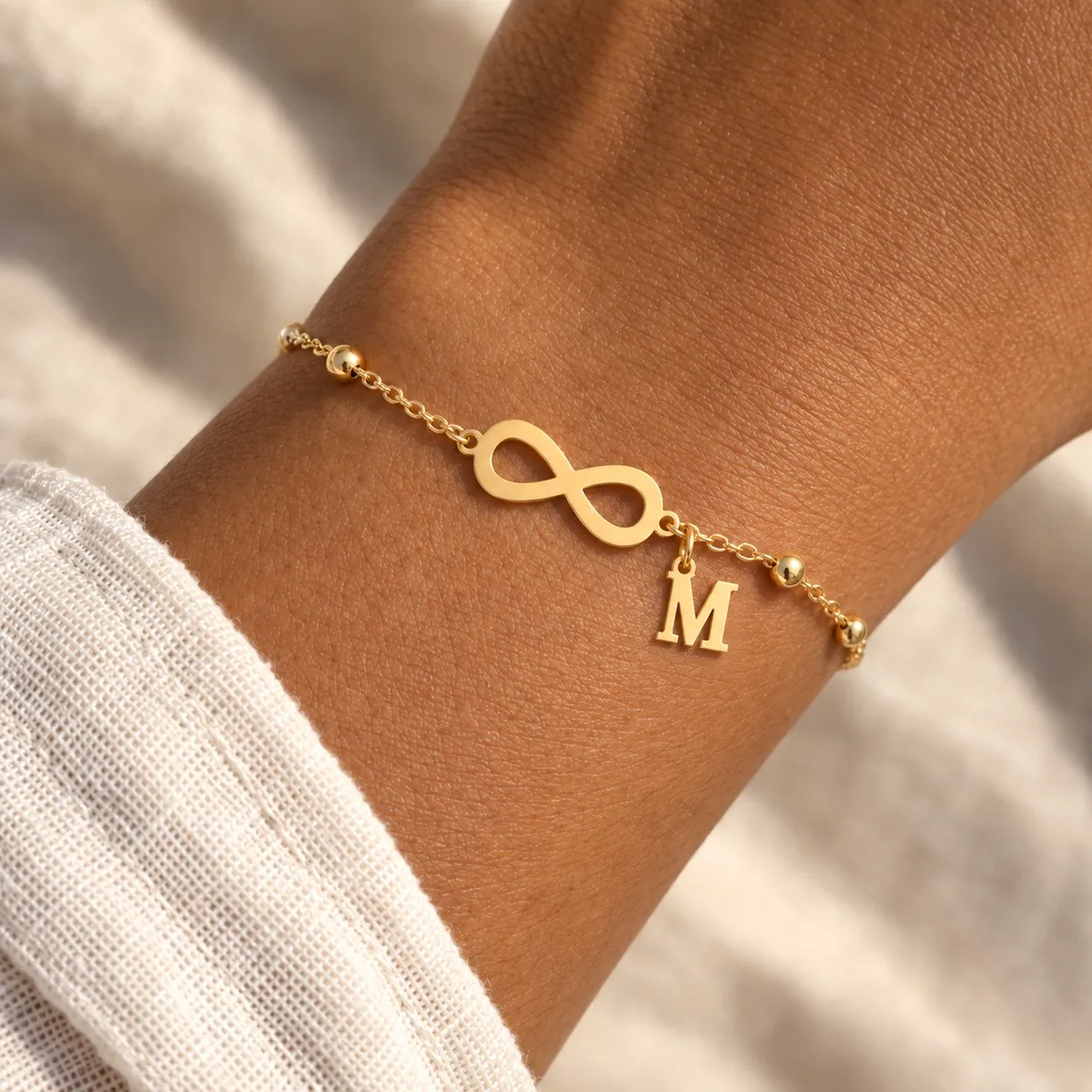 Initial Charm Stainless Steel Gold Plated Letter Bracelets for Women Men with Infinity and Beaded Chain Dangle Accessory Jewelry