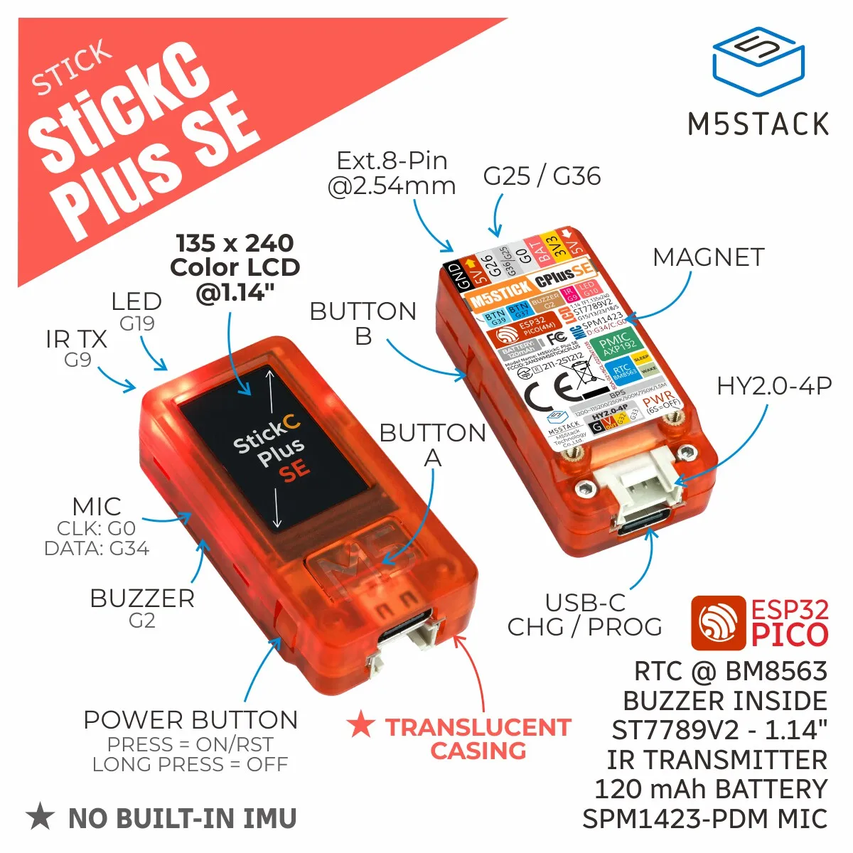 StickC-Plus SE Compact Internet of Things IoT Development Kit Equipped with ESP32-PICO-D4 LCD 2.4GHzWi-Fi ST7789V2 Driver Chip