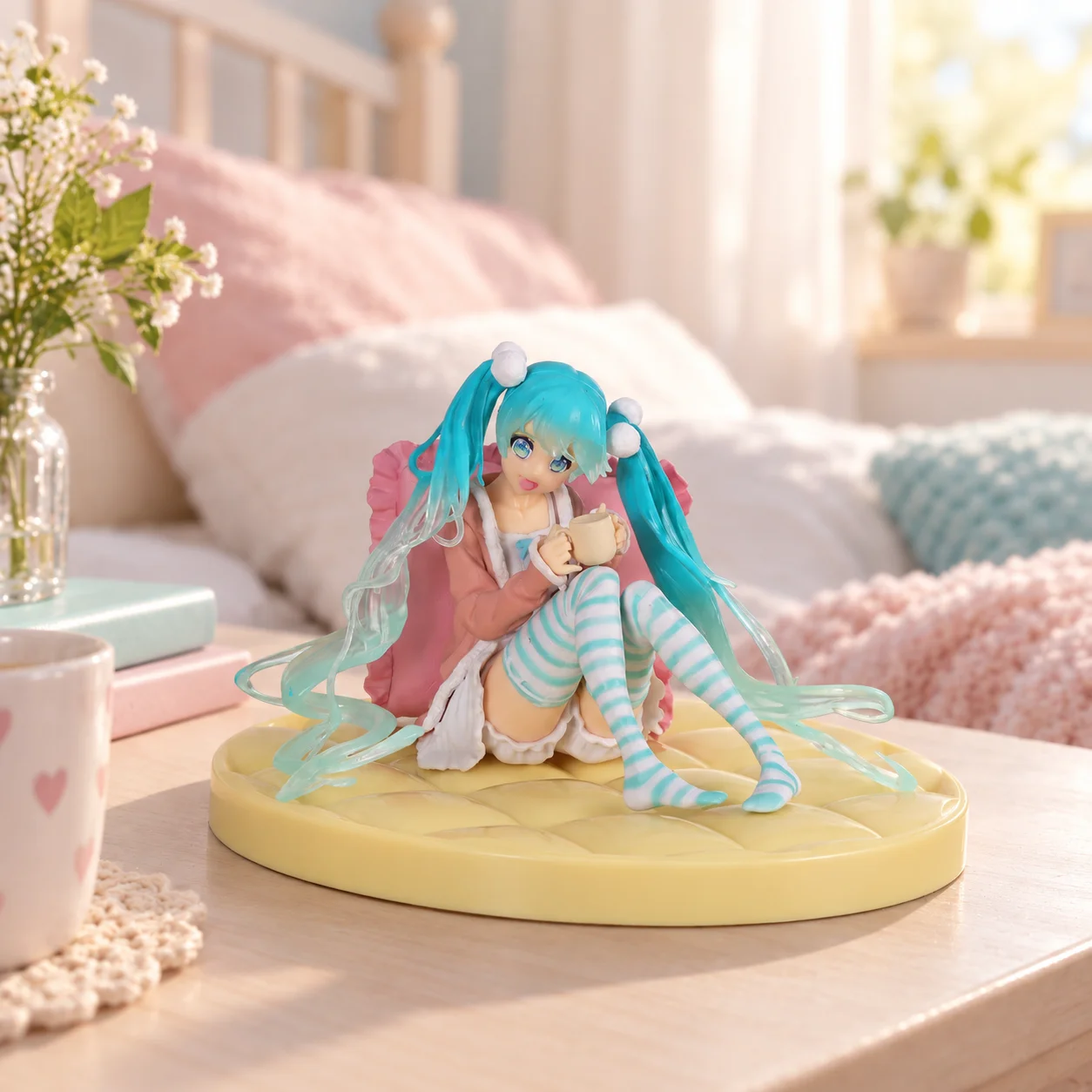 Hatsune Miku Anime Figure Vocaloid Original Casual Wear Ver. Pink Cushion Tea Cup Twin Tails Collectible Statue 12cm