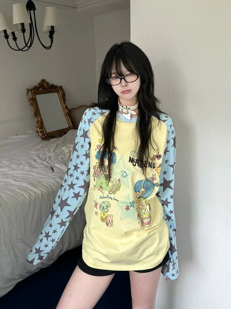 HOUZHOU Y2k White Anime Graphic Juminocore Women T-Shirts Harajuku Yellow Long Sleeve Japanese Style Tees Slim Sweet Aesthetic