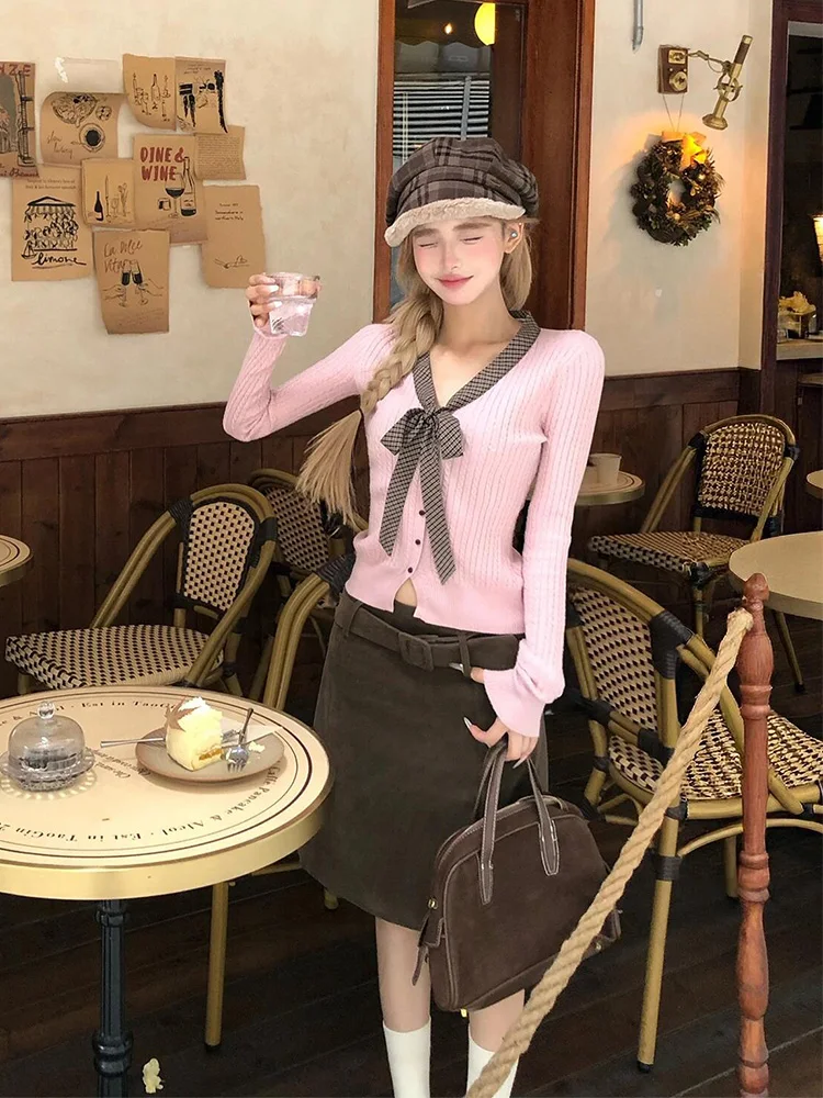 

Pink Tie Dye Long Sve V-Ne Knitted Top Women's Autumn Winter Knot Inner Wear Miu Sle Color Base irt