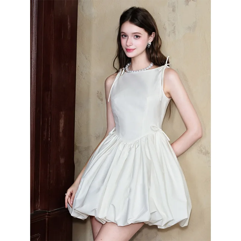 Simple Short Elopement Wedding Gown Satin Sleeveless Shoulder Bow Bubble Hem Wedding Dress Women Civil Ceremony Bridal Dresses