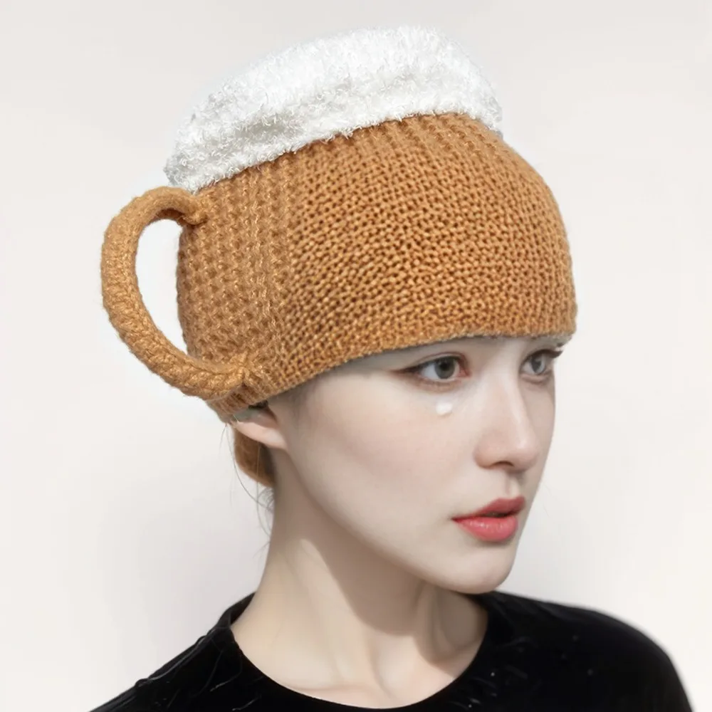 

Creative Beer Lovers 3D Beer Cup Hats for Women Men Ear Warm Winter hat Valentine's Fun Gift New Year Party Knitted Hat