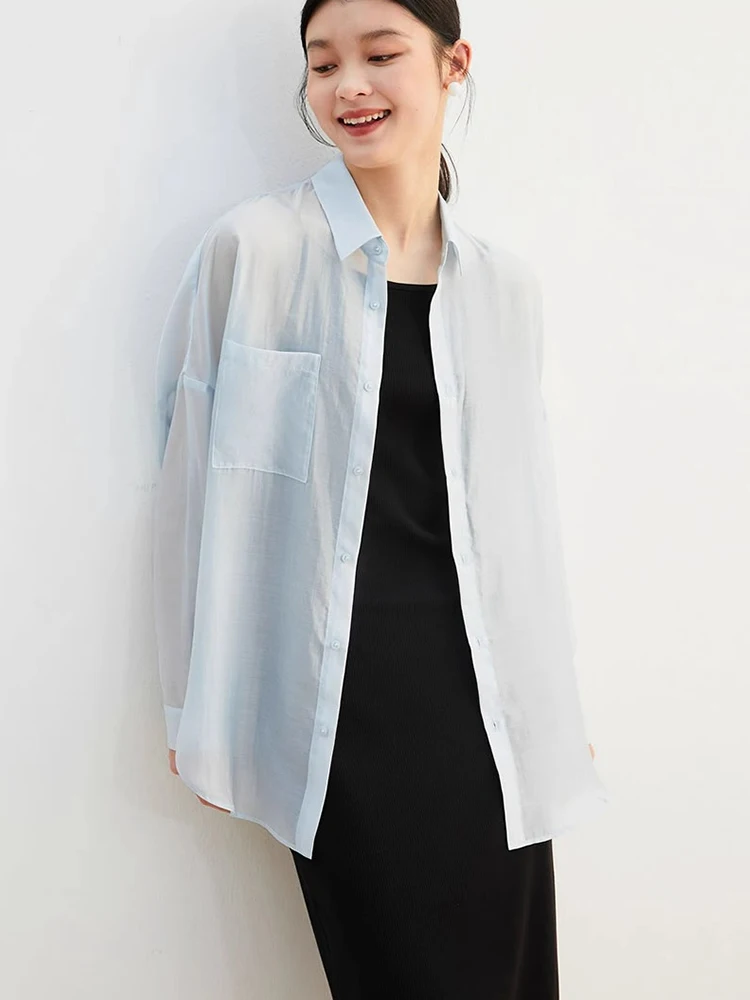 Lightweight Breathable Satin  Collar Casual irt Korean Sle High Faion Comfortable Sun Protection Long Sve Versat...