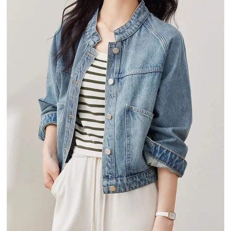 Retro Washed Denim Short Jacket for Women, Long-Sleeved Top, Stand-up Collar, Small, Autumn and Winter Clothes, New