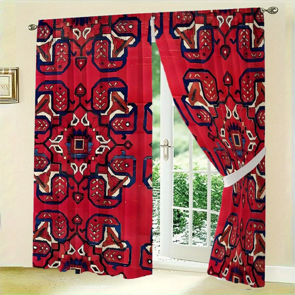 Vibrant Red Bohemian Tribal Print Curtains Pair Living Room Curtains Window Drapes Boho Home Decor Curtain Panel Set