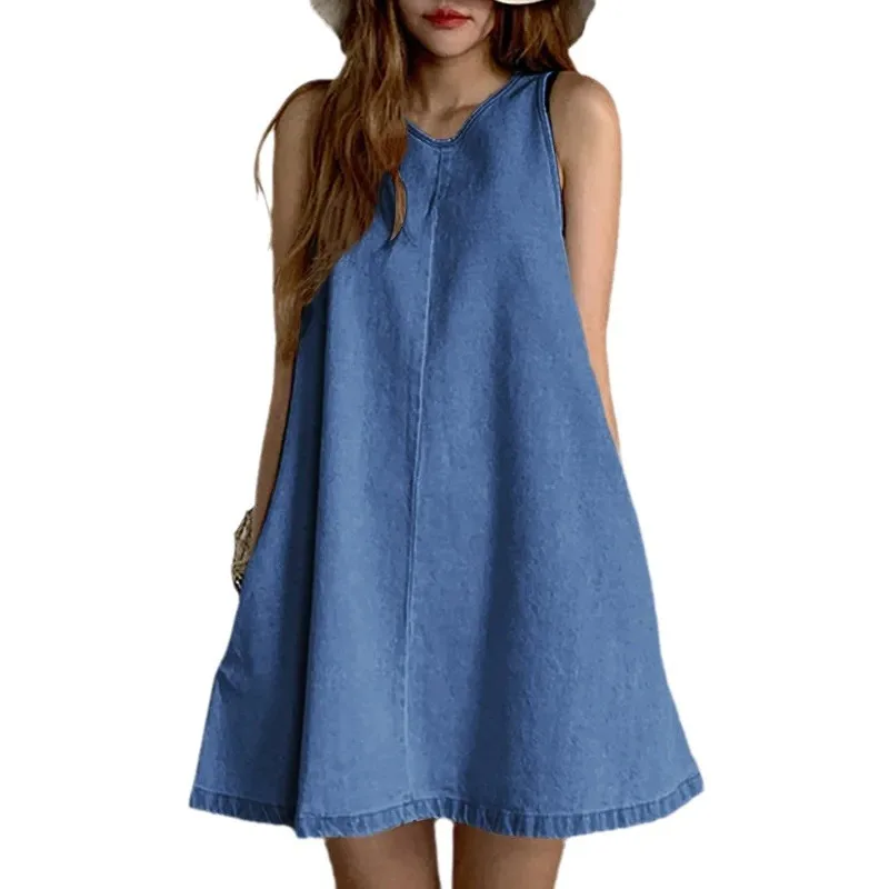 

Simple New Women's MIDI Dress Fashion Loose Sleeveless Denim V-neck Pocket Dress