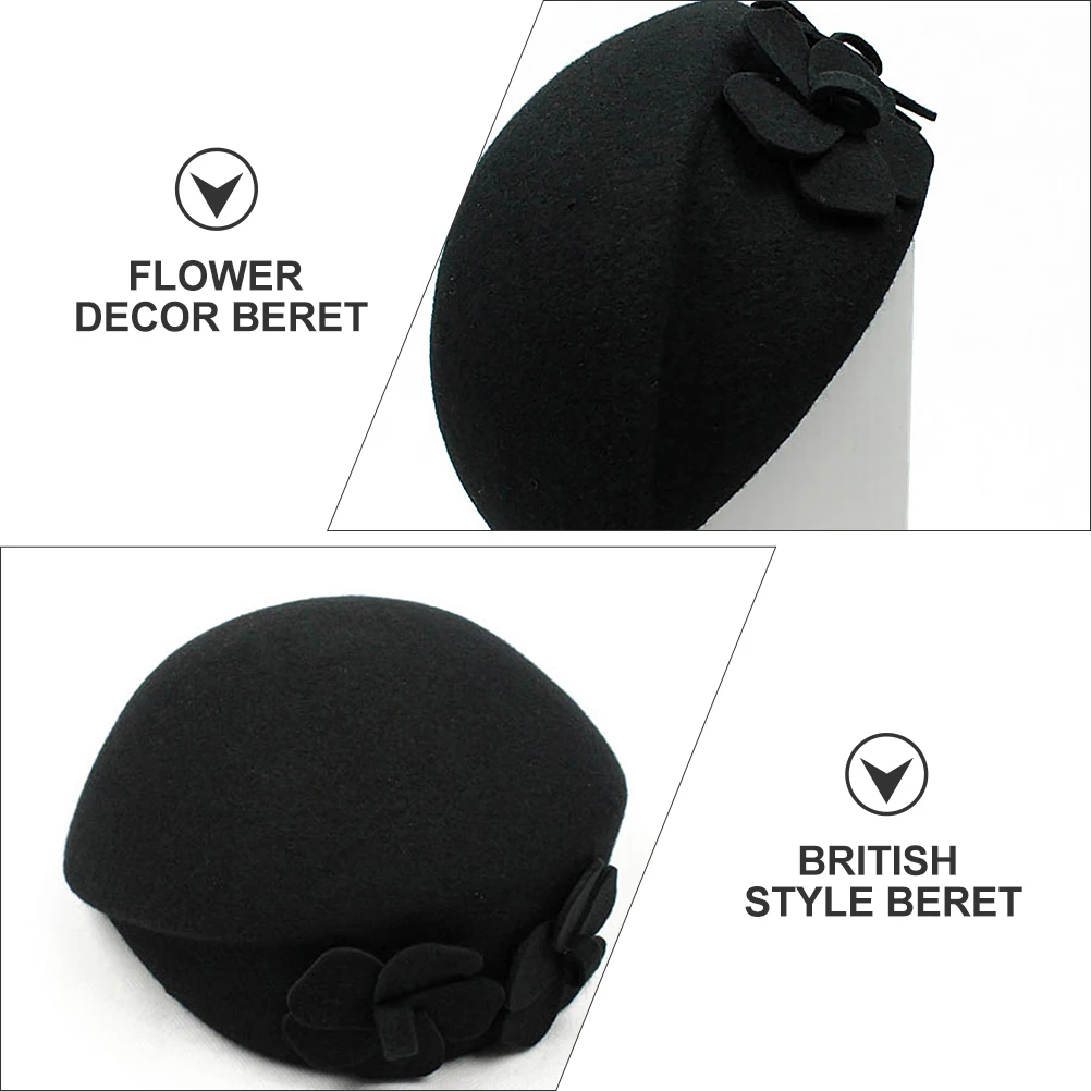 

Wool Beret Hat Winter Warm Ladies British Style Fashion Accessories Flowers Decor Durable Comfortable Matching Practical