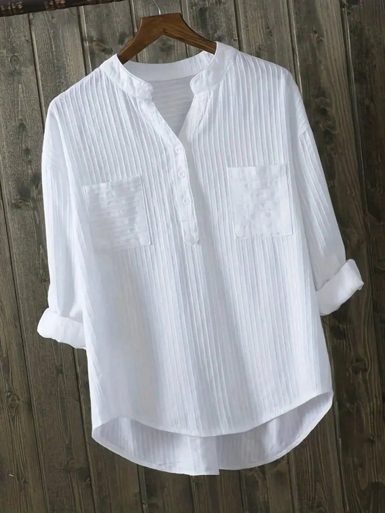 

Casual Solid Color Notched Neck Long Sleeve Shirt For Women