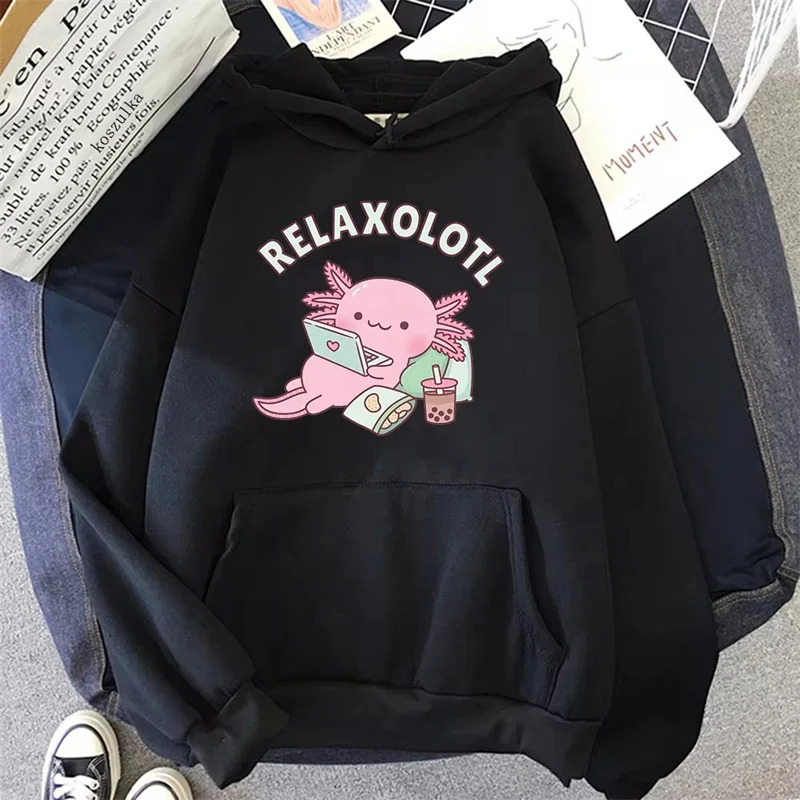 Oversized Axolotl Boba Milk Tea Hoodies Korean Style Women Clothes Kawaii Sweatshirt Vintage Cartoon Graphic Harajuku Hoodie