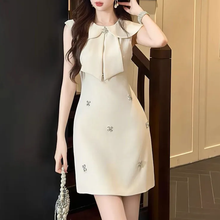 

Women's Sweet Beading Bow Banquet Mini Dress Summer New Fashion Elegant Sleeveless A Line Short Party Prom Vestidos G443