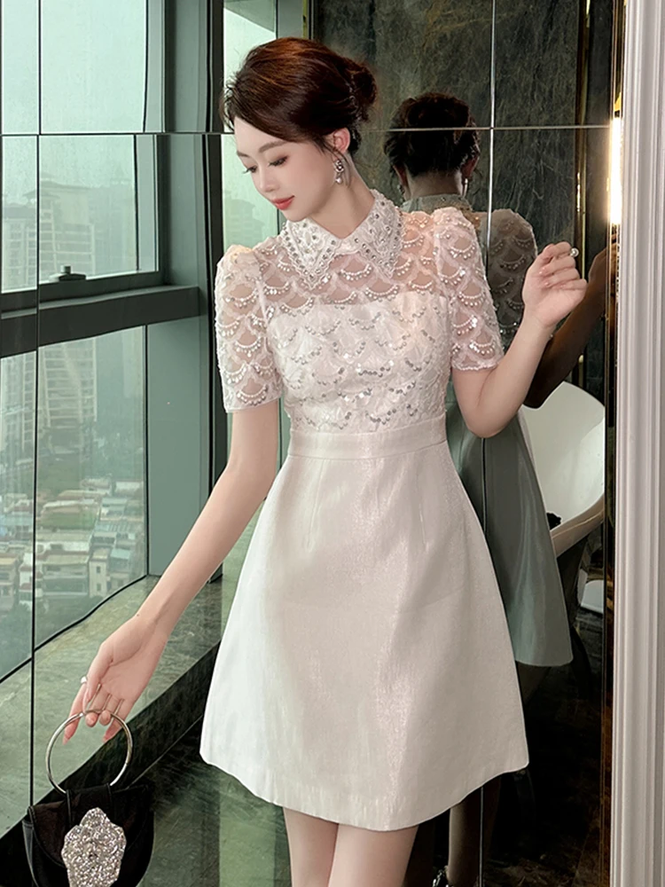 Elegant Luxury Short Dress Women Clothes Retro Cute White Satin Sequin Sheer Sexy Puff Sleeve Mini Gown Lady Party Prom Vestidos