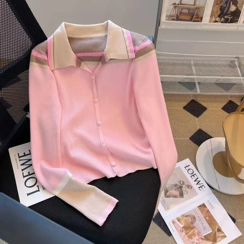 Women Color Block Stripe Polo Collar Ribbed Knit Cardigan Long Sleeve Slim Fit Button Front Soft Sweater Top