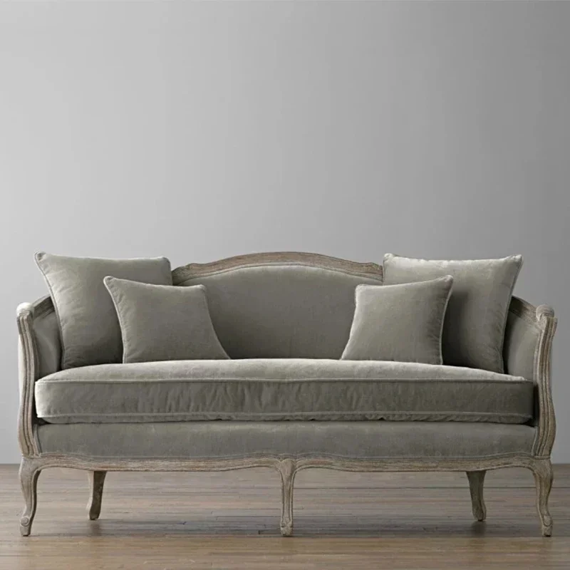American retro solid wood oak cotton and linen fabric sofa, double three-person sitting living room fully equipped with simple