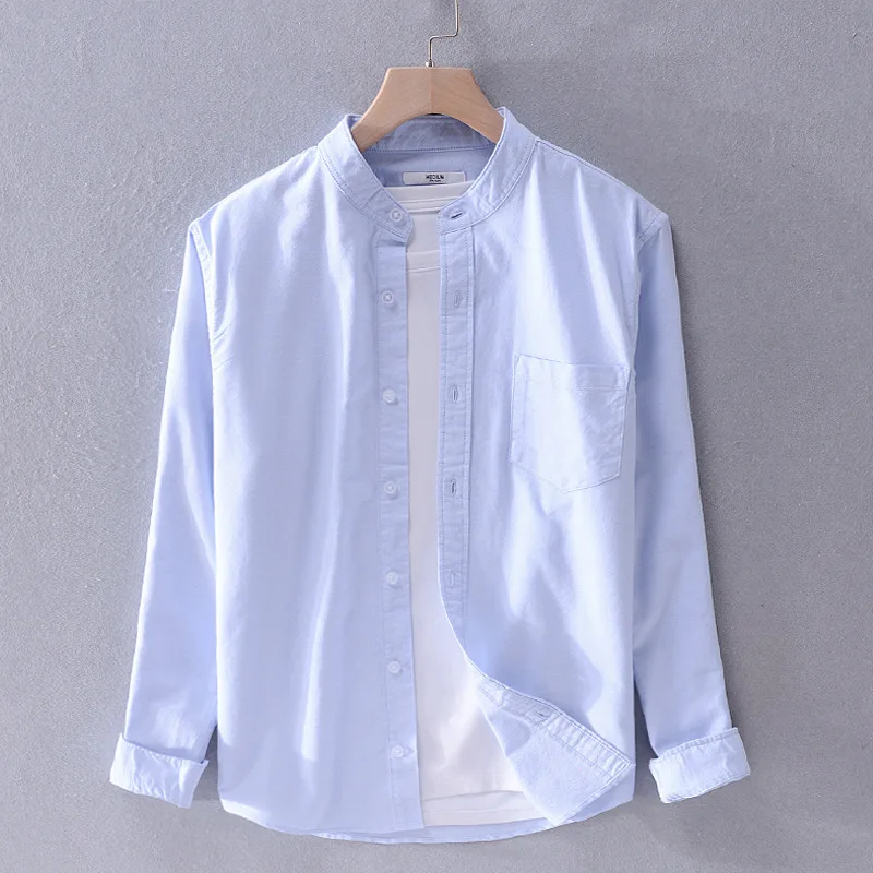 Spring and Autumn Oxford Casual Stand Collar Shirt Men\'s Cotton All-Matching Comfortable Long Sleeve White Solid Color Shirt